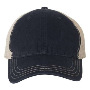 An image of a black Richardson 111 Garment-Washed Snapback Trucker Hat with Custom Leather Patch.