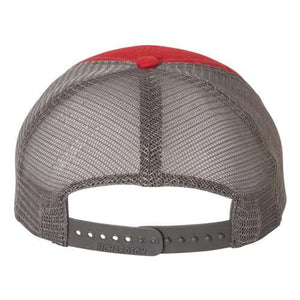 A Richardson 111 Garment-Washed Snapback Trucker Hat with mesh on a white background.