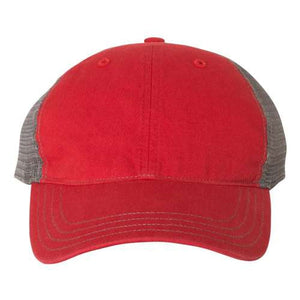 A red and grey Richardson 111 Garment-Washed Snapback Trucker Hat made of cotton.