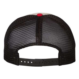 A black and red Richardson 111 Garment-Washed Snapback Trucker Hat with a mesh back on a white background.