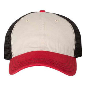 A Richardson 111 Garment-Washed Snapback Trucker Hat with a red and white trim.