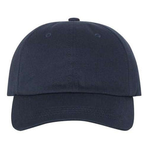 A navy Yupoong Classics 6245CM Classic Dad Hat made of cotton chino twill on a white background.