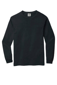 The Comfort Colors Heavyweight Ring Spun Long Sleeve T-Shirt 6014, a black crew neck from Comfort Colors, is made of ring spun cotton and shown laid flat on a white background.