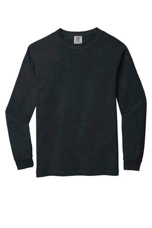 The Comfort Colors Heavyweight Ring Spun Long Sleeve T-Shirt 6014, a black crew neck from Comfort Colors, is made of ring spun cotton and shown laid flat on a white background.