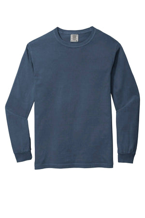 The Comfort Colors Heavyweight Ring Spun Long Sleeve T-Shirt 6014, a plain blue crew neck made of ring spun cotton, is laid flat on a white background.