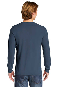 A man with light brown hair is shown from behind wearing blue jeans and a dark blue Comfort Colors Heavyweight Ring Spun Long Sleeve T-Shirt 6014.