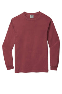 The Comfort Colors Heavyweight Ring Spun Long Sleeve T-Shirt 6014 by Comfort Colors is a solid maroon, crew neck tee crafted from ring spun cotton, shown laid flat against a white background.