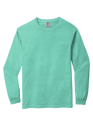 The Comfort Colors Heavyweight Ring Spun Long Sleeve T-Shirt 6014 in light teal, featuring a plain crew neck design and soft ring spun cotton, is shown laid flat on a white background.