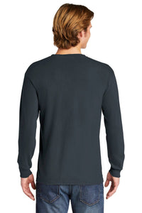 A man with light brown hair is seen from behind wearing a Comfort Colors Heavyweight Ring Spun Long Sleeve T-Shirt 6014 and blue jeans against a white background.