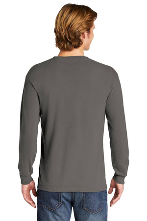 A person with light brown hair, seen from the back, wears a Comfort Colors Heavyweight Ring Spun Long Sleeve T-Shirt 6014 in gray and blue jeans, against a white background.