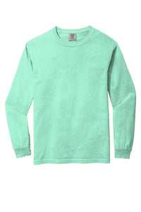 The Comfort Colors Heavyweight Ring Spun Long Sleeve T-Shirt 6014 is shown in mint green with a crewneck and plain design, highlighting the soft, durable quality expected from Comfort Colors.
