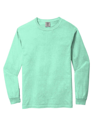 The Comfort Colors Heavyweight Ring Spun Long Sleeve T-Shirt 6014 is shown in mint green with a crewneck and plain design, highlighting the soft, durable quality expected from Comfort Colors.