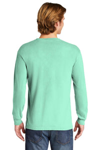 A man with light brown hair is shown from the back against a white background, wearing blue jeans and a mint green Comfort Colors Heavyweight Ring Spun Long Sleeve T-Shirt 6014 by Comfort Colors.