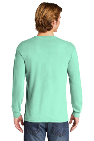 A man with light brown hair is shown from the back against a white background, wearing blue jeans and a mint green Comfort Colors Heavyweight Ring Spun Long Sleeve T-Shirt 6014 by Comfort Colors.
