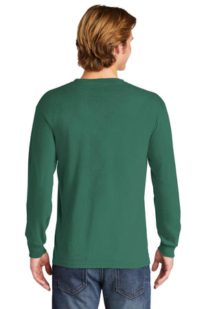 A man with light brown hair, seen from the back, wears a green Comfort Colors Heavyweight Ring Spun Long Sleeve T-Shirt 6014 and blue jeans against a plain background.