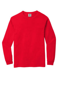A Comfort Colors Heavyweight 6014 long sleeve crewneck t-shirt, made from ring spun cotton in plain red, is laid flat on a white background.