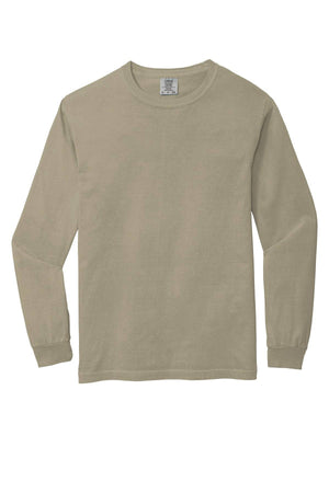 The Comfort Colors Heavyweight Ring Spun Long Sleeve T-Shirt 6014 by Comfort Colors, in beige, features a plain crew-neck design and is laid flat on a white background.