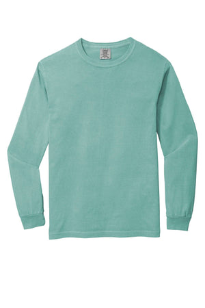 The Comfort Colors Heavyweight Ring Spun Long Sleeve T-Shirt 6014 in light teal is laid flat on a white background, showcasing its soft ring spun cotton fabric and classic crew neck for ultimate comfort.
