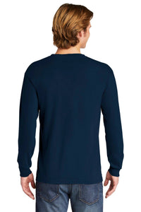 A man is shown from the back against a plain white background wearing a Comfort Colors Heavyweight Ring Spun Long Sleeve T-Shirt 6014 in navy and blue jeans.