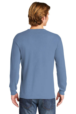 A person with light brown hair is shown from the back wearing jeans and a light blue Comfort Colors Heavyweight Ring Spun Long Sleeve T-Shirt (6014) by Comfort Colors.