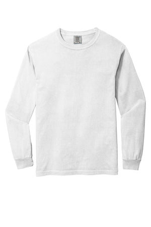 The Comfort Colors Heavyweight Ring Spun Long Sleeve T-Shirt 6014, a plain white crew neck made from soft cotton, is laid flat on a white background.