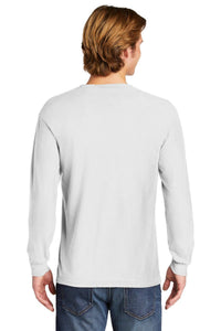 A person is shown from the back wearing a Comfort Colors Heavyweight Ring Spun Long Sleeve T-Shirt 6014 in plain white with blue jeans.