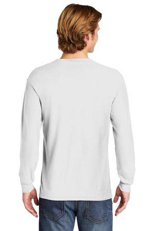 A person is shown from the back wearing a Comfort Colors Heavyweight Ring Spun Long Sleeve T-Shirt 6014 in plain white with blue jeans.