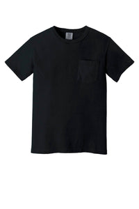 The Comfort Colors Heavyweight Ring Spun Pocket T-Shirt 6030 is a plain black short-sleeve tee made from ring spun cotton, featuring a chest pocket and shown on a white background.
