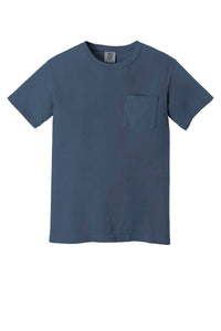 The Comfort Colors Heavyweight Ring Spun Pocket T-Shirt 6030 by Comfort Colors is a plain blue tee with short sleeves, a round neck, and a single chest pocket, made from soft ring spun cotton and shown on a white background.