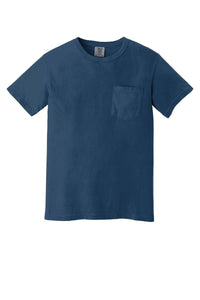 The Comfort Colors Heavyweight Ring Spun Pocket T-Shirt 6030 features a plain blue design, short sleeves, a round neckline, soft ring spun cotton fabric, and a single chest pocket, shown on a white background.