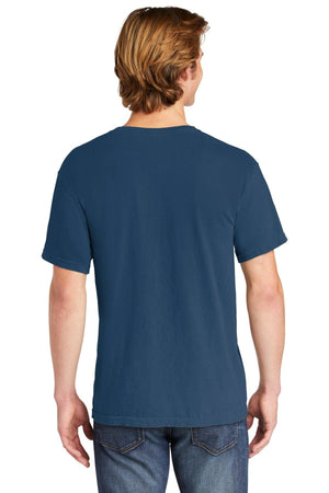 A person with light brown hair is shown from behind, wearing a Comfort Colors Heavyweight Ring Spun Pocket T-Shirt 6030 in dark blue and blue jeans.