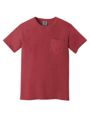 The Comfort Colors Heavyweight Ring Spun Pocket T-Shirt 6030 is a plain red short-sleeve tee with a round neckline and single chest pocket, made from soft cotton by Comfort Colors, shown on a white background.