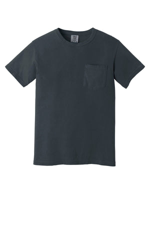 The Comfort Colors Heavyweight Ring Spun Pocket T-Shirt 6030 by Comfort Colors is a plain dark gray short-sleeve tee with a round neck and chest pocket, made from extra-soft ring spun cotton and shown against a white background.