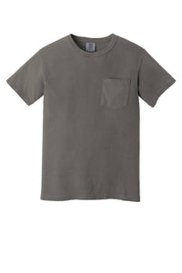 The Comfort Colors Heavyweight Ring Spun Pocket T-Shirt 6030 is a gray short-sleeve tee with a chest pocket, made from extra soft ring spun cotton, shown on a white background.