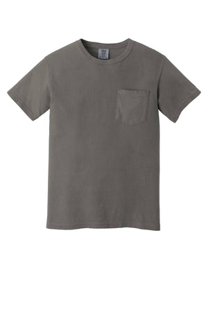 The Comfort Colors Heavyweight Ring Spun Pocket T-Shirt 6030 is a gray short-sleeve tee with a chest pocket, made from extra soft ring spun cotton, shown on a white background.