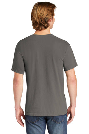 A person with light brown hair is shown from the back wearing a plain gray Comfort Colors Heavyweight Ring Spun Pocket T-Shirt 6030 and blue jeans.
