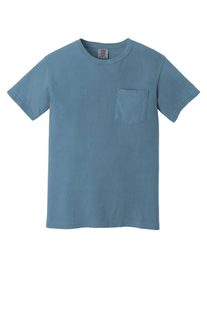 The Comfort Colors Heavyweight Ring Spun Pocket T-Shirt 6030 by Comfort Colors is a plain blue, short-sleeve tee with a round neckline and chest pocket, made from soft ring spun cotton and shown on a white background.