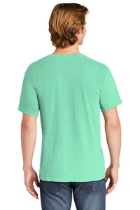 A man with light brown hair, seen from the back against a white background, wears a mint green Comfort Colors Heavyweight Ring Spun Pocket T-Shirt 6030 and blue jeans.