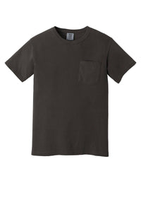 The Comfort Colors Heavyweight Ring Spun Pocket T-Shirt 6030, by Comfort Colors, is a plain black short-sleeve tee with a chest pocket, made from soft ring spun cotton and shown on a white background.