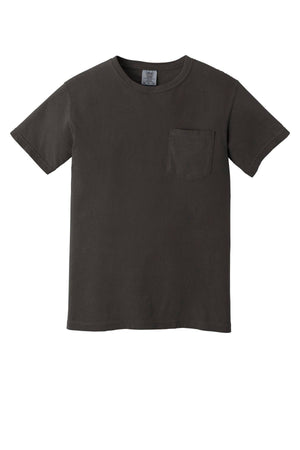 The Comfort Colors Heavyweight Ring Spun Pocket T-Shirt 6030, by Comfort Colors, is a plain black short-sleeve tee with a chest pocket, made from soft ring spun cotton and shown on a white background.