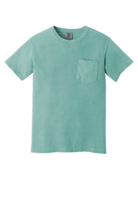 The Comfort Colors Heavyweight Ring Spun Pocket T-Shirt 6030 is a light green short-sleeve tee with a chest pocket, made from soft ring spun cotton. Displayed on a white background.