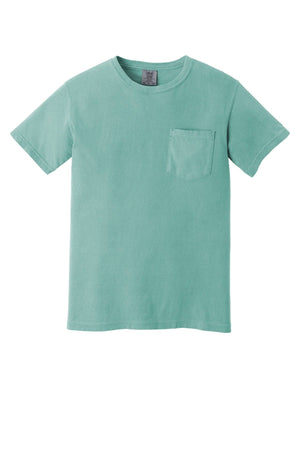 The Comfort Colors Heavyweight Ring Spun Pocket T-Shirt 6030 is a light green short-sleeve tee with a chest pocket, made from soft ring spun cotton. Displayed on a white background.