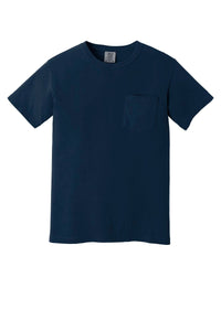 The Comfort Colors Heavyweight Ring Spun Pocket T-Shirt 6030 is a plain navy blue short-sleeve tee with a chest pocket, made from ring spun cotton and shown on a white background.