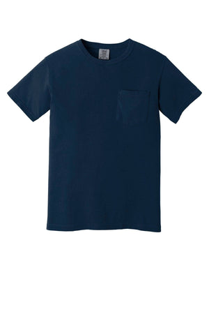 The Comfort Colors Heavyweight Ring Spun Pocket T-Shirt 6030 is a plain navy blue short-sleeve tee with a chest pocket, made from ring spun cotton and shown on a white background.