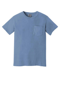 The Comfort Colors Heavyweight Ring Spun Pocket T-Shirt 6030 by Comfort Colors is a plain light blue short-sleeve, crew neck tee made from ring spun cotton with a single chest pocket, shown on a white background.