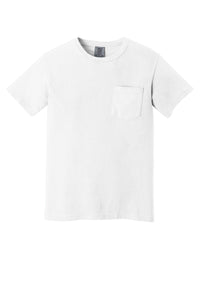 The Comfort Colors Heavyweight Ring Spun Pocket T-Shirt 6030 by Comfort Colors is a plain white short-sleeve tee with a small chest pocket, made from soft ring spun cotton and shown against a white background.