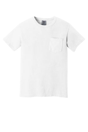 The Comfort Colors Heavyweight Ring Spun Pocket T-Shirt 6030 by Comfort Colors is a plain white short-sleeve tee with a small chest pocket, made from soft ring spun cotton and shown against a white background.