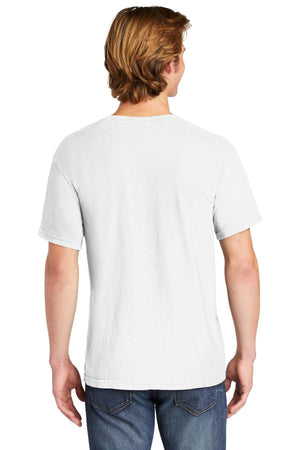 A person with light brown hair stands with their back to the camera, wearing blue jeans and a plain white Comfort Colors Heavyweight Ring Spun Pocket T-Shirt 6030.