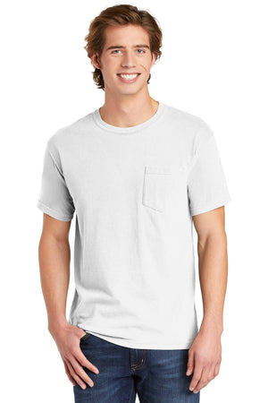 A young man smiles while wearing a Comfort Colors Heavyweight Ring Spun Pocket T-Shirt 6030 in plain white, paired with blue jeans, against a white background.