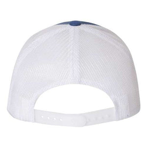 A Yupoong Classics Six-Panel Retro Trucker Snapback Hat 6606 by YP Classics is shown from the back, highlighting its convenient snapback closure for easy adjustment.